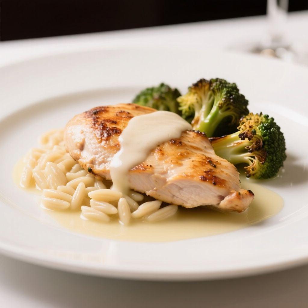 Pan-Seared Chicken Piccata with White Wine Reduction, Fluffy Orzo, and Roasted Broccoli Pan-Seared Chicken Piccata with White Wine Reduction, Fluffy Orzo, and Roasted Broccoli