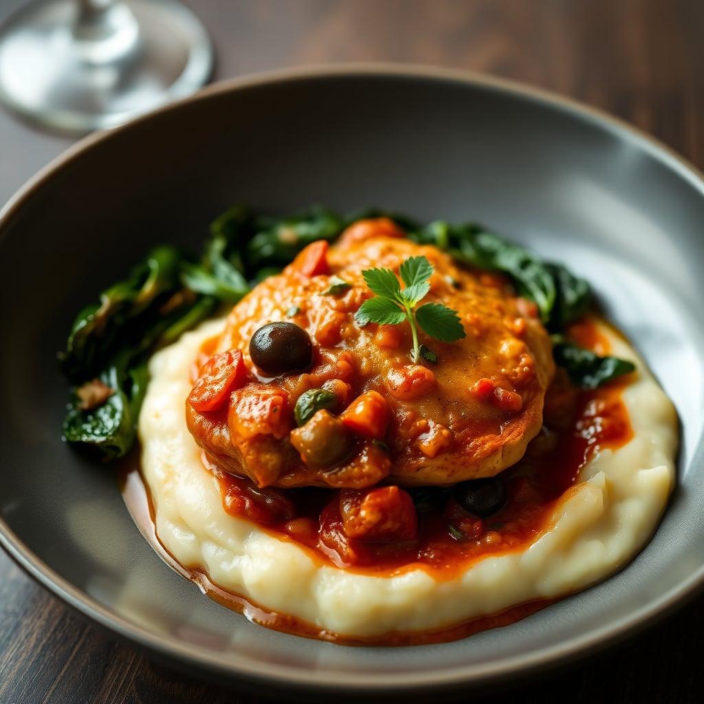 Braised Chicken Thighs 'Alla Puttanesca' with Sautéed Spinach and Buttery Turnip Mash