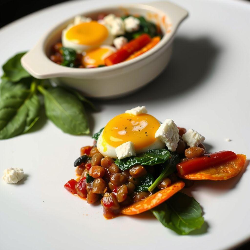 Baked Eggs in Umbrian Lentil Ragu with Crumbled Feta Baked Eggs in Umbrian Lentil Ragu with Crumbled Feta
