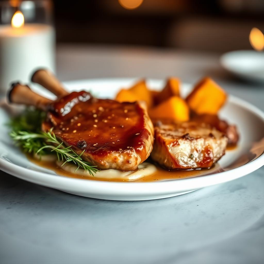 Honey Garlic Glazed Pork Chops with Roasted Sweet Potatoes Honey Garlic Glazed Pork Chops with Roasted Sweet Potatoes