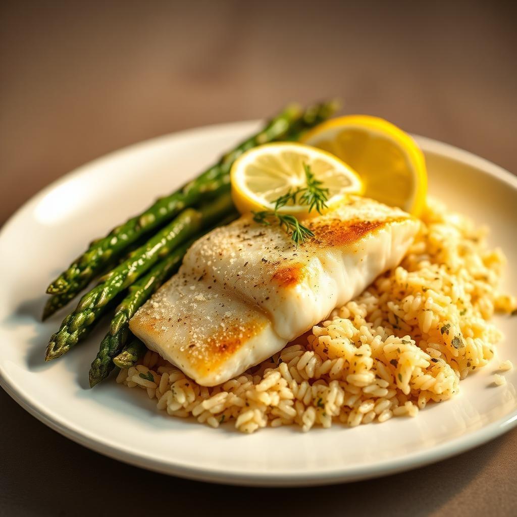 Lemon Butter Baked Cod with Asparagus and Herbed Rice Lemon Butter Baked Cod with Asparagus and Herbed Rice