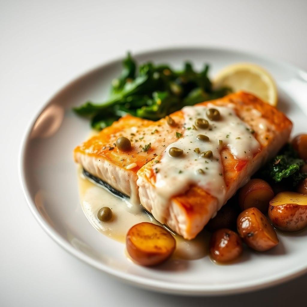 Pan-Seared Salmon with Lemon-Caper Piccata Sauce, Herb-Roasted Fingerling Potatoes, and Sautéed Kale