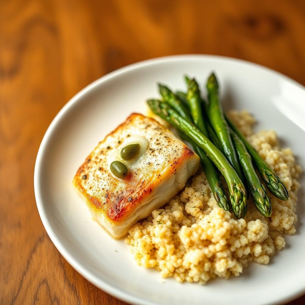Pan-Seared Cod with Lemon-Caper Butter, Garlic Asparagus, and Fluffy Herb Couscous Pan-Seared Cod with Lemon-Caper Butter, Garlic Asparagus, and Fluffy Herb Couscous