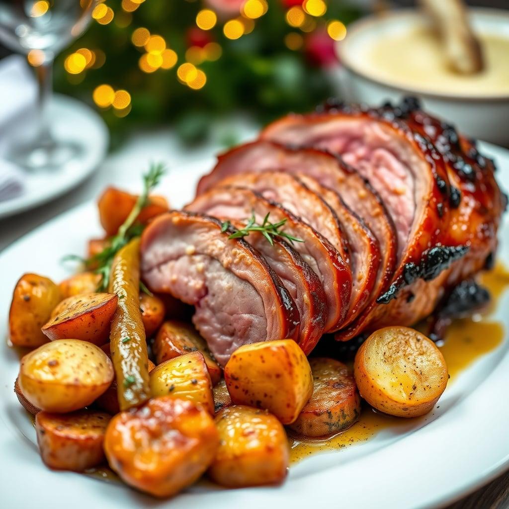 Bourbon-Glazed Holiday Ham with Garlic Herb Roasted Root Vegetables and Parmesan Duchess Potatoes