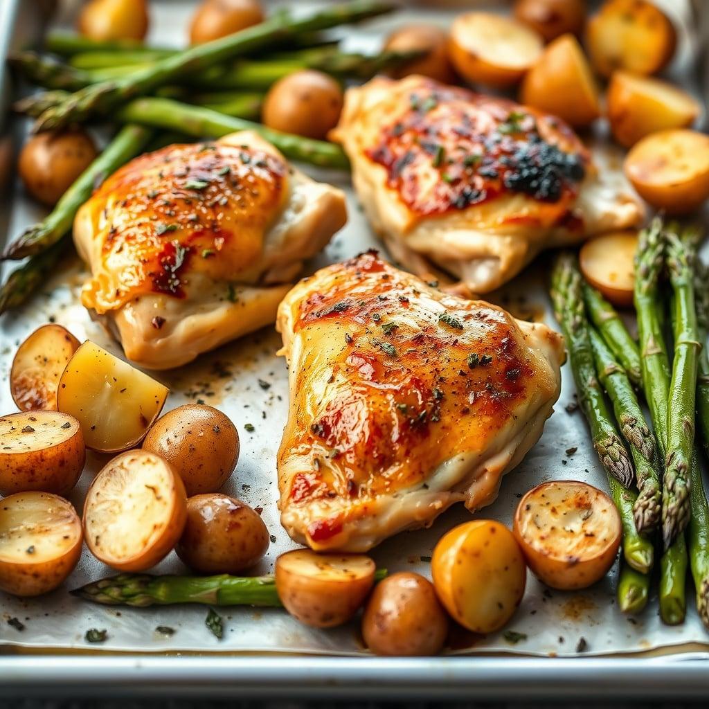 Roasted Lemon-Herb Chicken Thighs with Baby Potatoes and Asparagus Roasted Lemon-Herb Chicken Thighs with Baby Potatoes and Asparagus