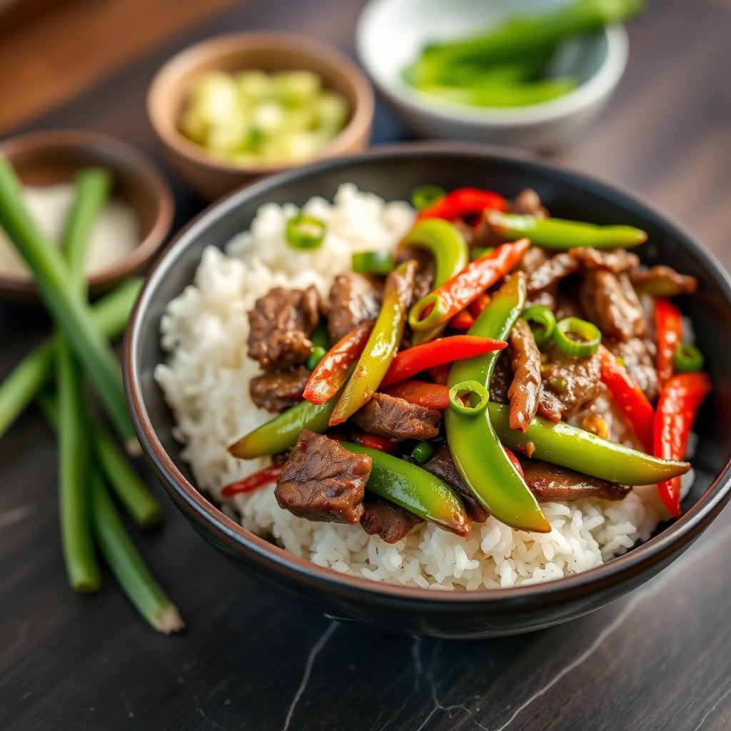 Szechuan Beef Stir-Fry with Velveted Tri-Tip, Ginger-Garlic Snap Peas, and Scallion Jasmine Rice Szechuan Beef Stir-Fry with Velveted Tri-Tip, Ginger-Garlic Snap Peas, and Scallion Jasmine Rice