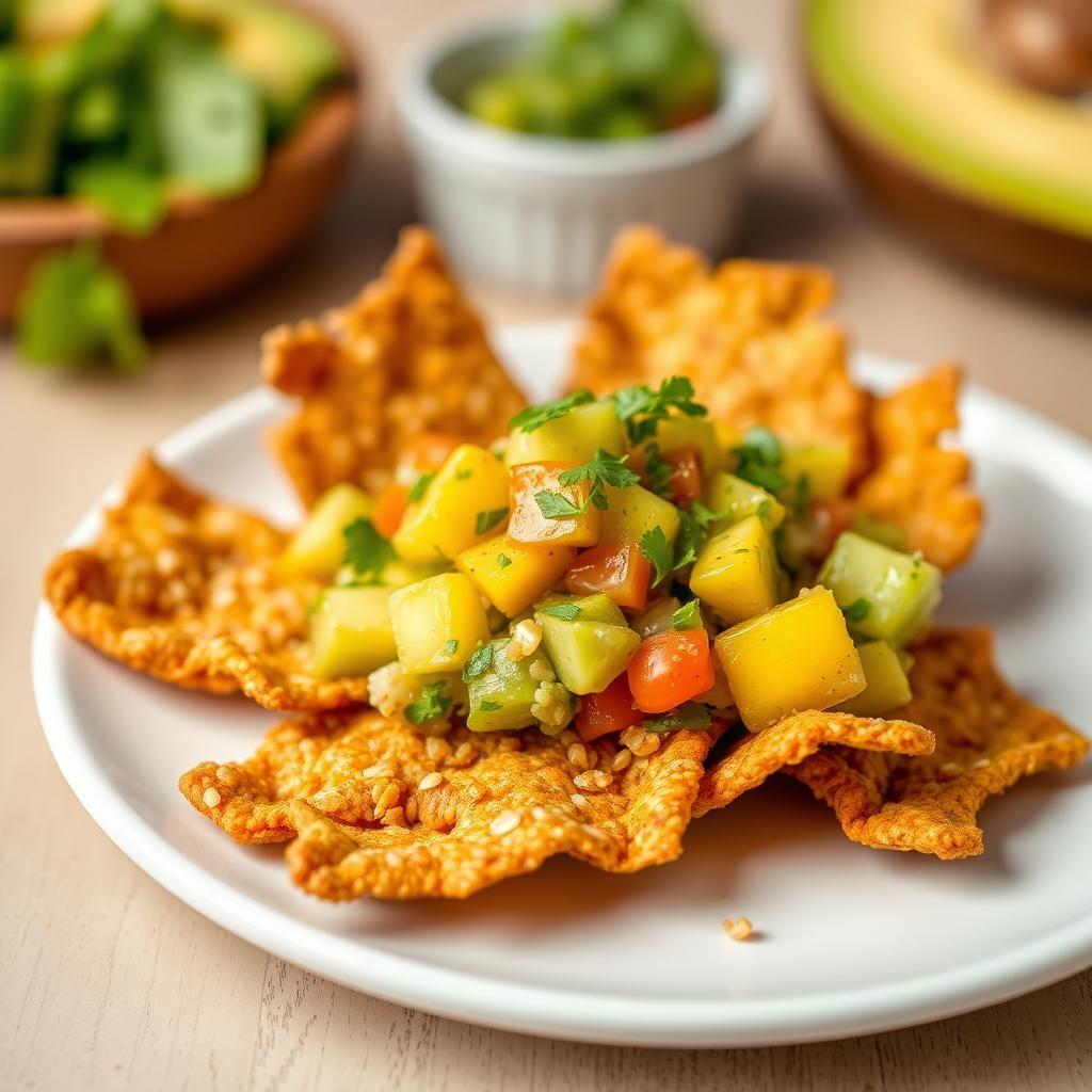 Quinoa Crisps with Mango Avocado Salsa Quinoa Crisps with Mango Avocado Salsa