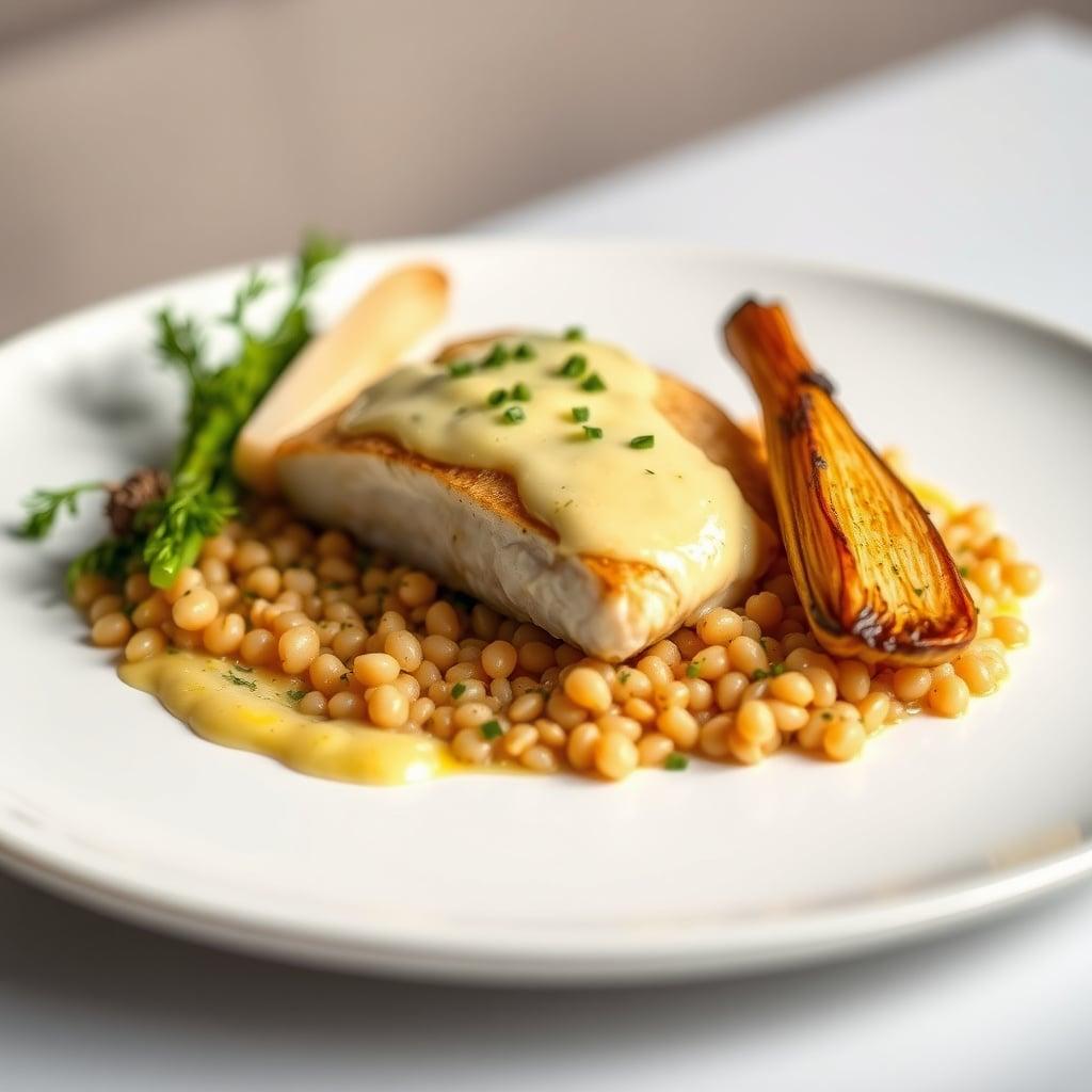 Pan-Seared Lingcod with Lemon-Caper Beurre Blanc, Herbed Pearl Couscous, and Roasted Fennel Pan-Seared Lingcod with Lemon-Caper Beurre Blanc, Herbed Pearl Couscous, and Roasted Fennel