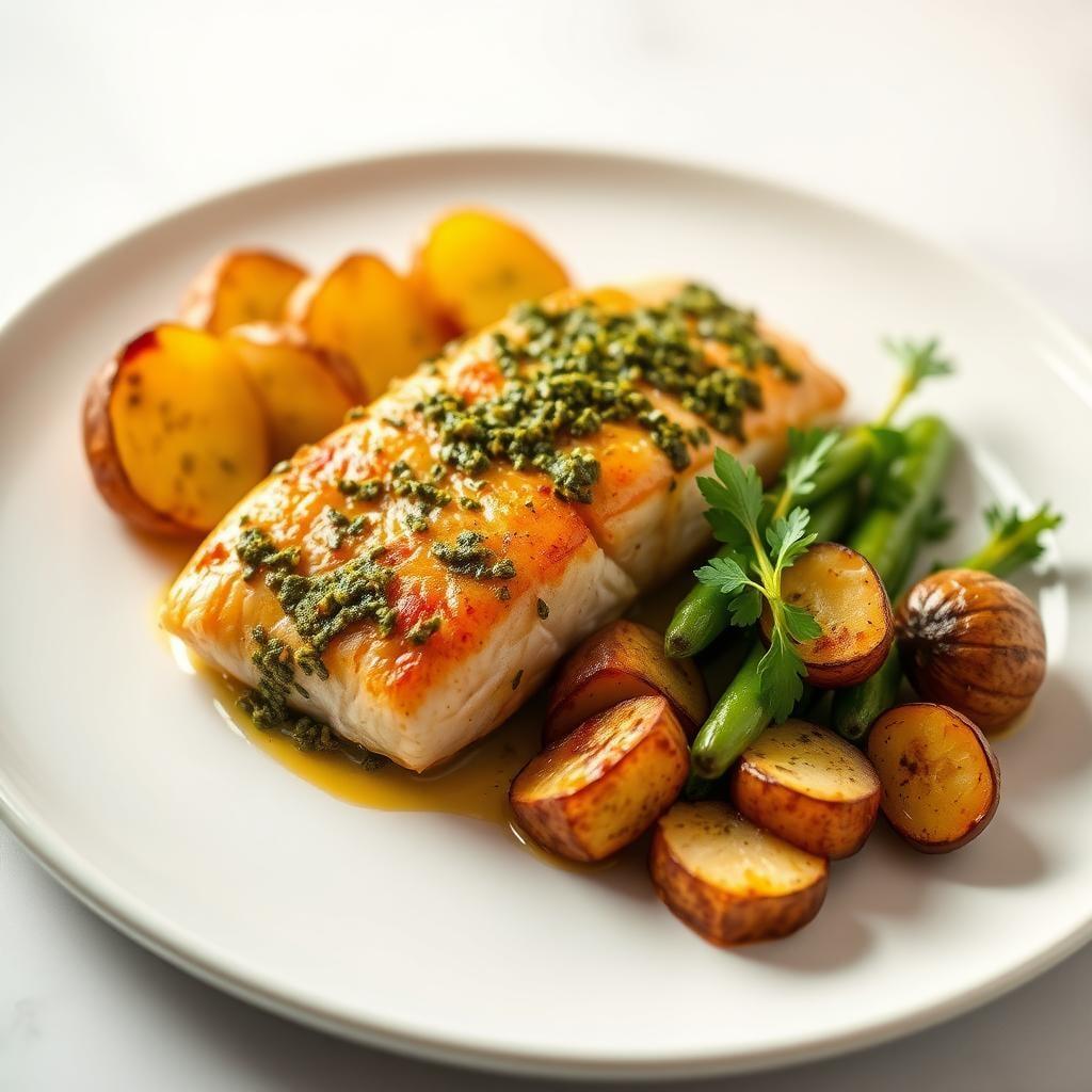 Baked Pesto Salmon with Roasted Garlic Potatoes