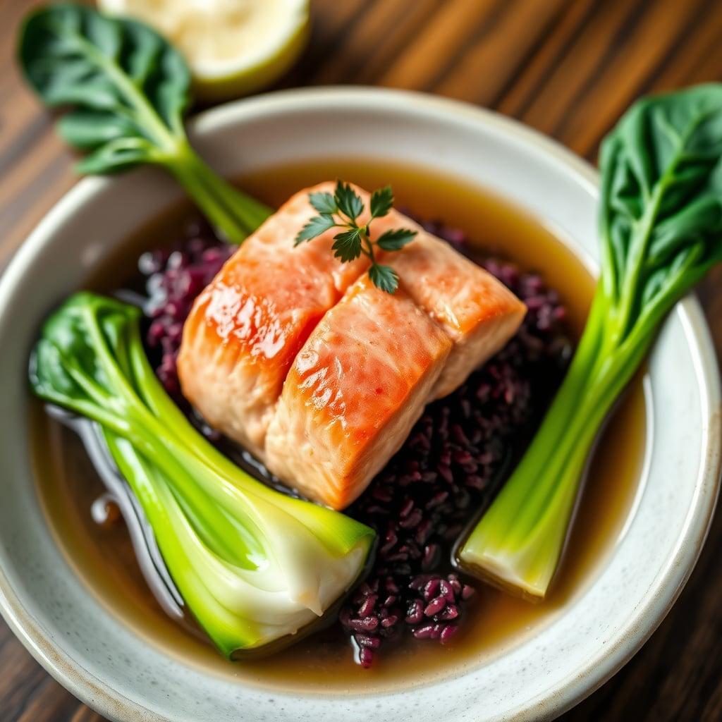 Lemongrass and Ginger-Poached Salmon with Forbidden Rice and Sesame Bok Choy