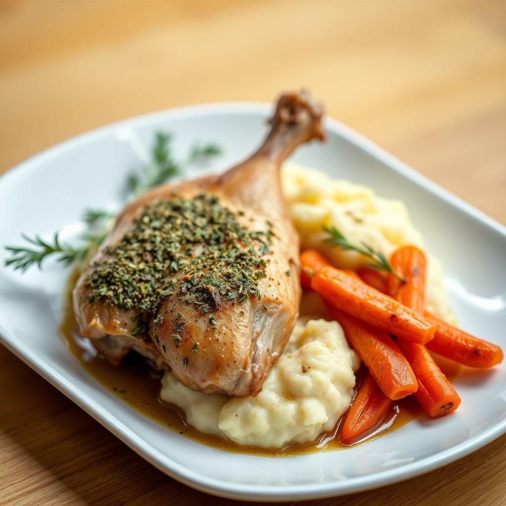 Herb-Crusted Roast Chicken with Garlic Mashed Potatoes and Maple-Glazed Carrots Herb-Crusted Roast Chicken with Garlic Mashed Potatoes and Maple-Glazed Carrots