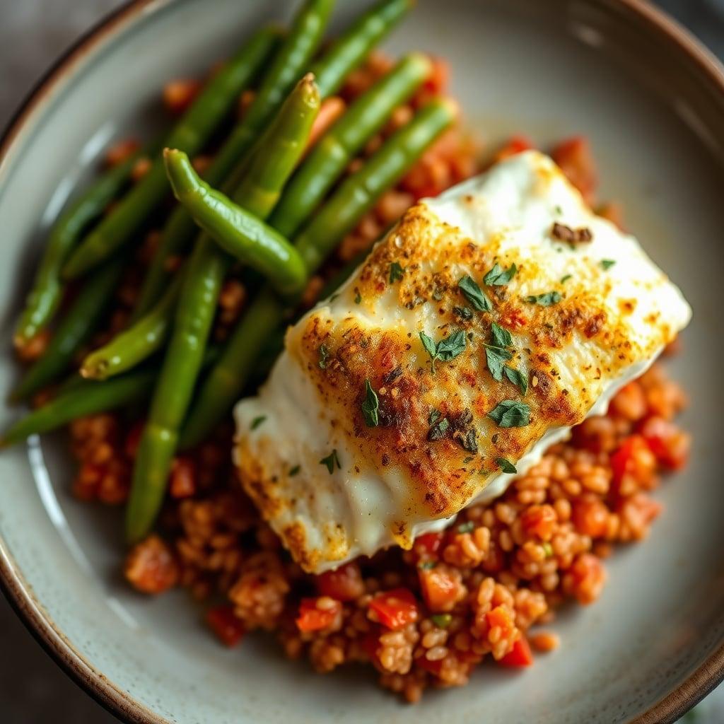 Baked Cod with Fresh Mozzarella-Herb Crust and Tomato-Basil Quinoa