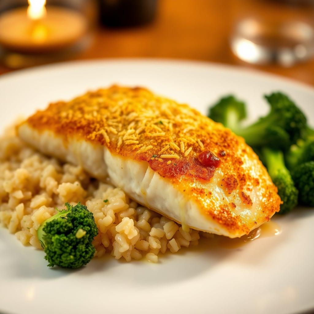 Baked Parmesan-Crusted Cod with Lemon Butter Rice and Simple Garlic Broccoli