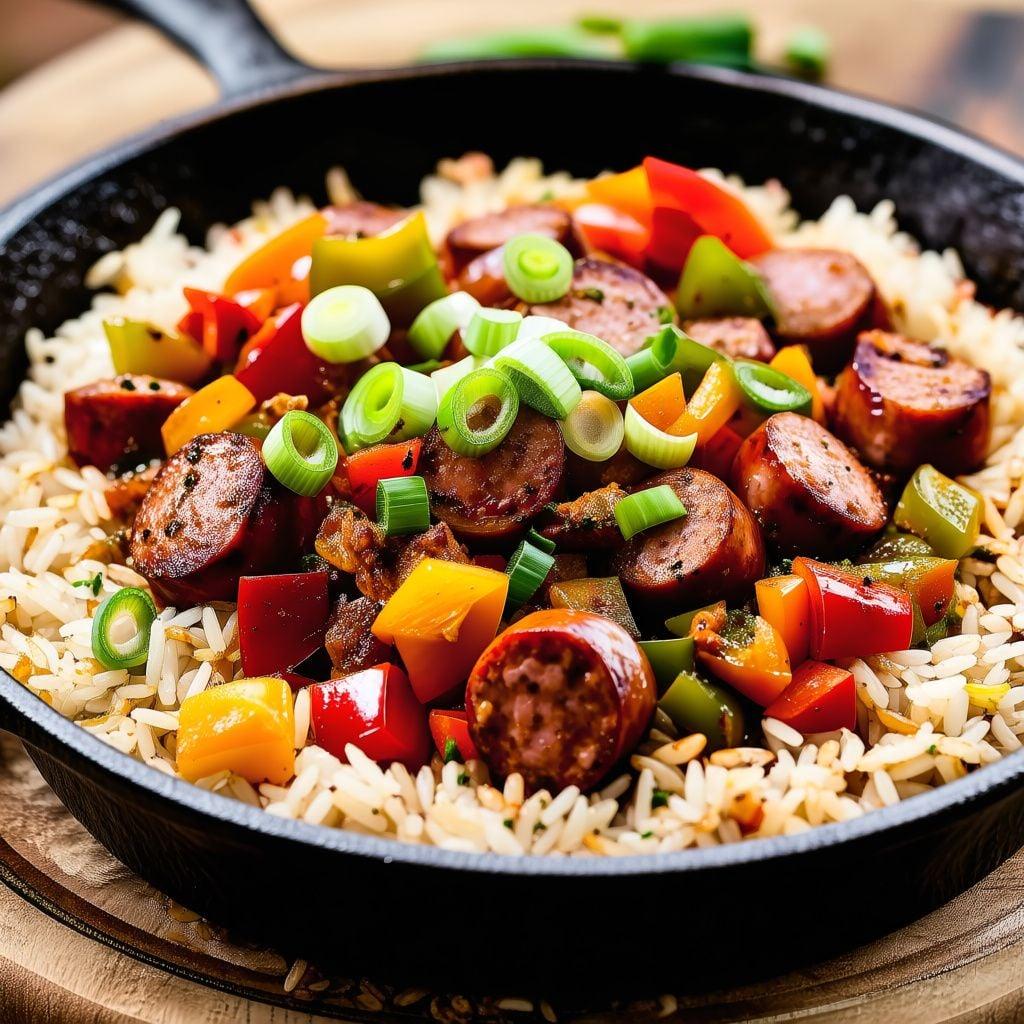 One-Skillet Cajun Chicken Sausage with Dirty Rice and Bell Peppers One-Skillet Cajun Chicken Sausage with Dirty Rice and Bell Peppers