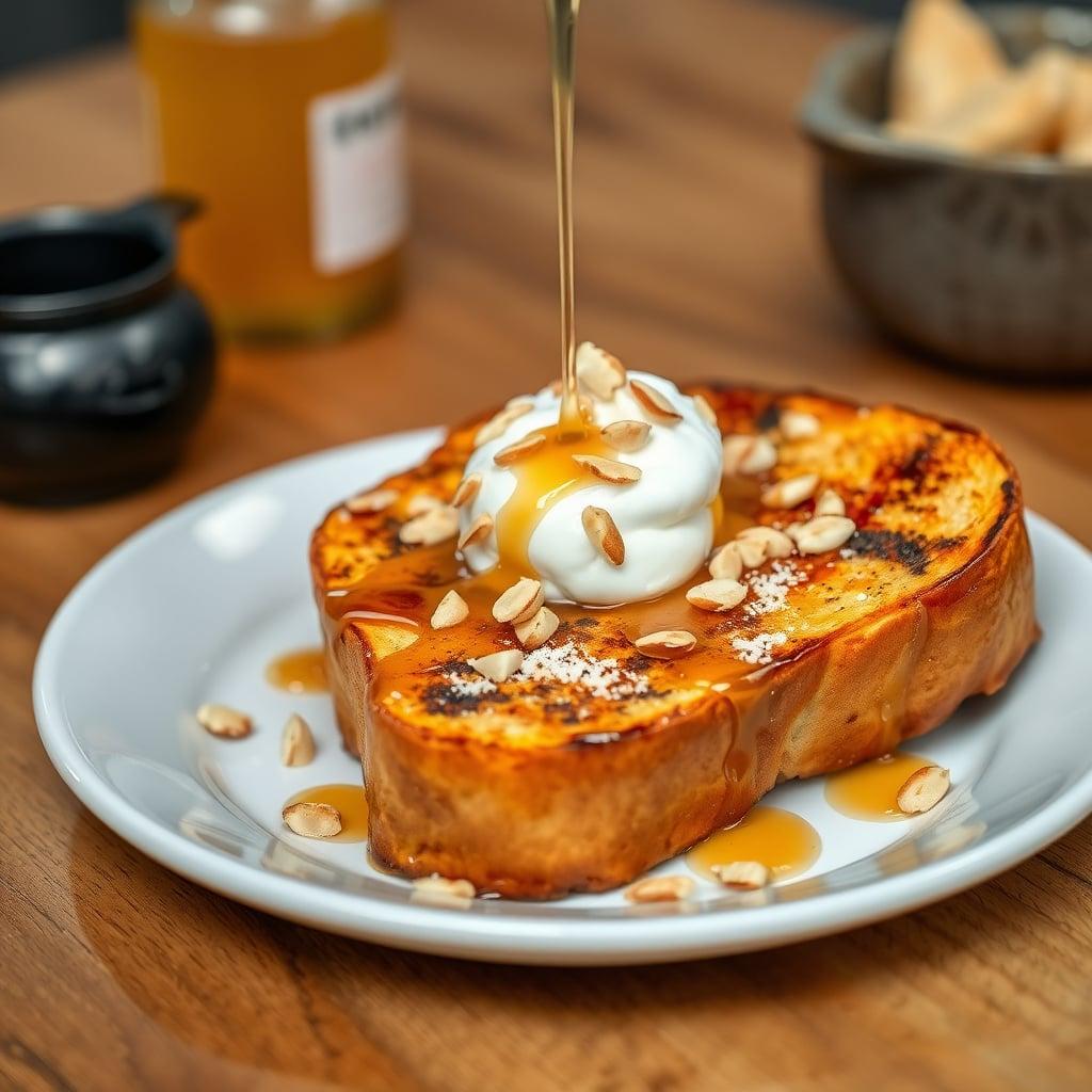 Whipped Mascarpone and Honey-Drizzled French Toast with Toasted Almonds