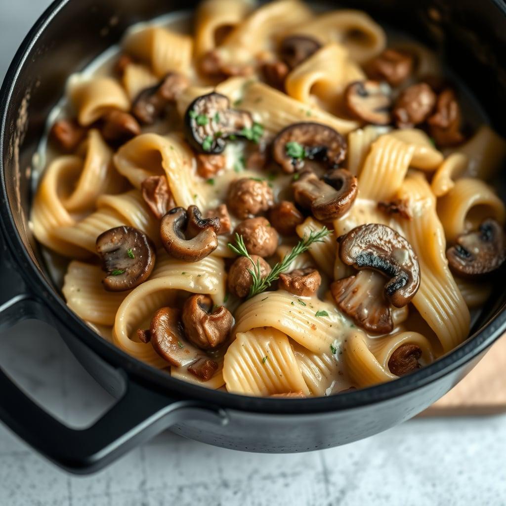 One-Pot Creamy Beef and Mushroom Pasta with Caramelized Shallots and Fresh Thyme One-Pot Creamy Beef and Mushroom Pasta with Caramelized Shallots and Fresh Thyme