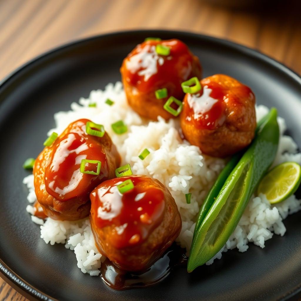 Glazed Ginger-Garlic Pork Meatballs with Coconut-Lime Rice and Blistered Snap Peas