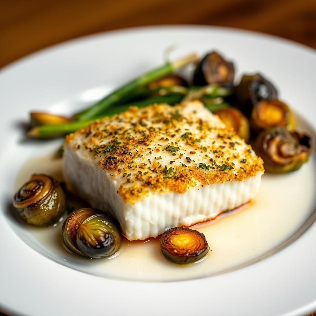 Baked Cod with Lemon-Herb Crust & Roasted Brussels Sprouts