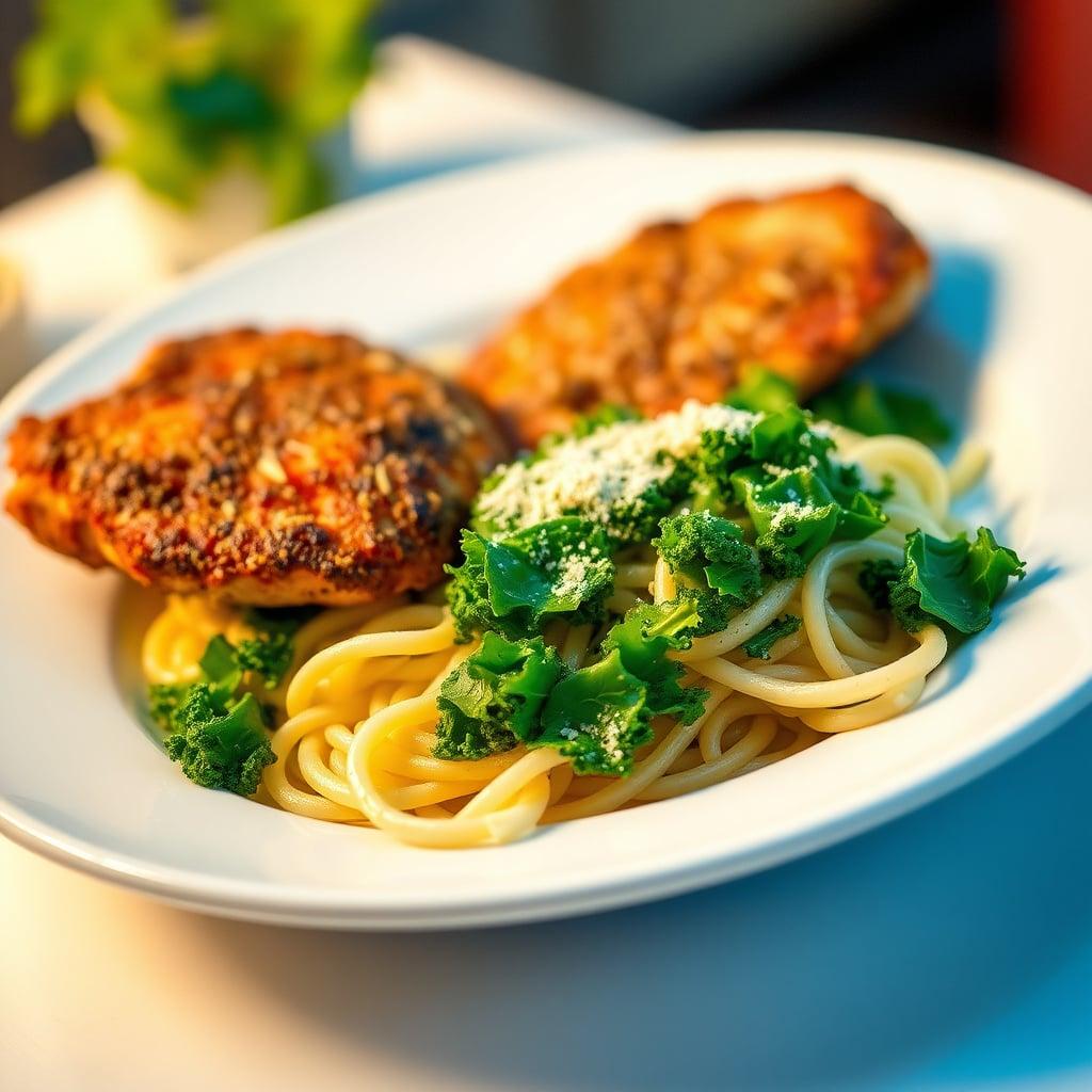 Herb-Crusted Chicken Parmesan with Kale Caesar Pasta Salad Herb-Crusted Chicken Parmesan with Kale Caesar Pasta Salad