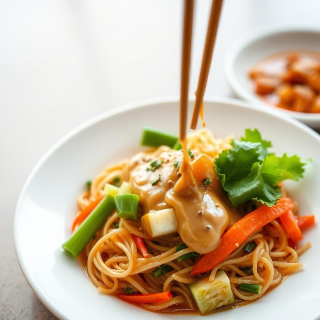 Asian Noodle Bowl with Vegetables and Sesame Dressing