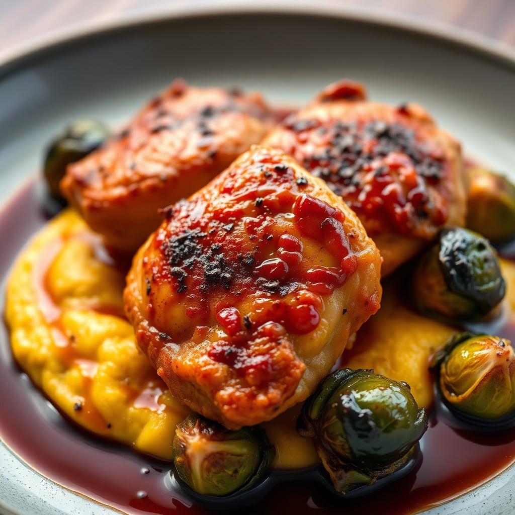 Braised Balsamic-Mustard Chicken Thighs with Creamy Polenta and Roasted Brussels Sprouts Braised Balsamic-Mustard Chicken Thighs with Creamy Polenta and Roasted Brussels Sprouts
