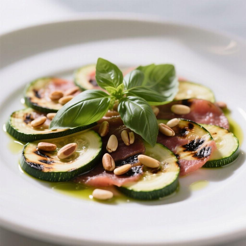 Charred Zucchini Carpaccio with Pine Nut Cream and Basil Oil Charred Zucchini Carpaccio with Pine Nut Cream and Basil Oil
