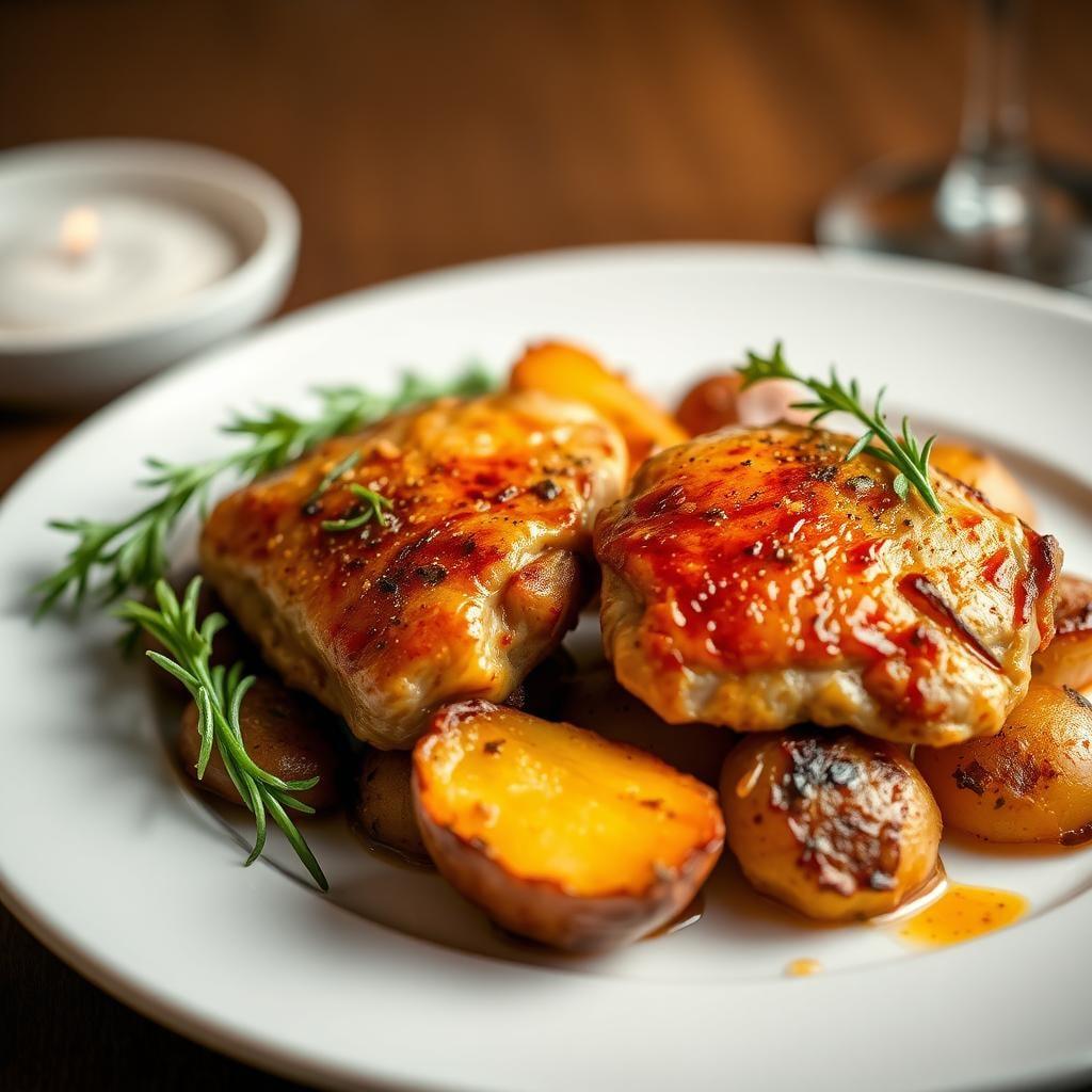 Honey Garlic Chicken Thighs with Roasted Potatoes Honey Garlic Chicken Thighs with Roasted Potatoes