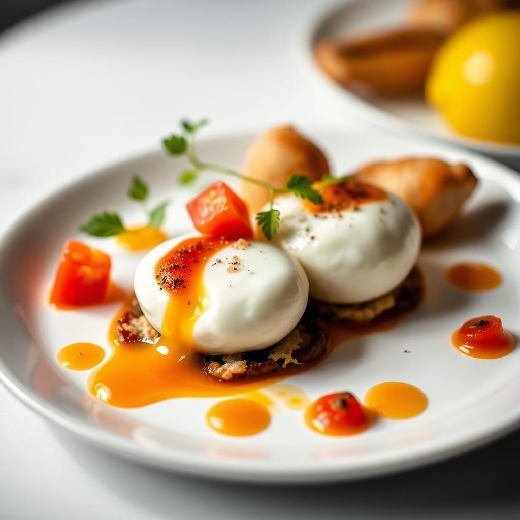 Sous Vide 63°C Eggs with Smoked Heirloom Tomato Concassé and Truffle-Scented Brioche Soldiers Sous Vide 63°C Eggs with Smoked Heirloom Tomato Concassé and Truffle-Scented Brioche Soldiers