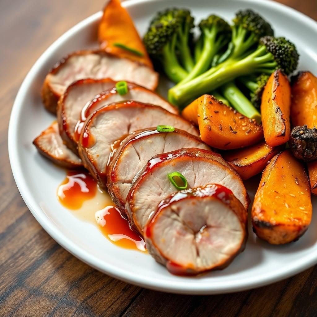 Honey-Ginger Pork Tenderloin with Roasted Yam Wedges and Sesame Broccoli Honey-Ginger Pork Tenderloin with Roasted Yam Wedges and Sesame Broccoli
