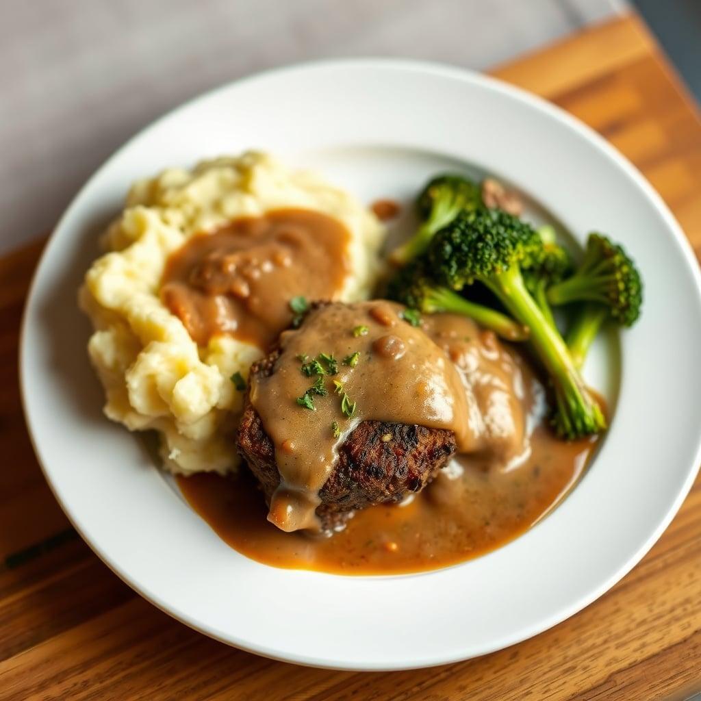 Savory Herb-Crusted Ground Elk with Mushroom Gravy, Garlic Mashed Potatoes and Roasted Broccoli Savory Herb-Crusted Ground Elk with Mushroom Gravy, Garlic Mashed Potatoes and Roasted Broccoli