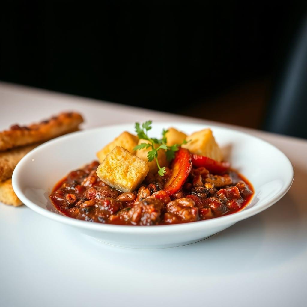 Smoky Elk Chili with Charred Bell Peppers and Cornbread Croutons Smoky Elk Chili with Charred Bell Peppers and Cornbread Croutons