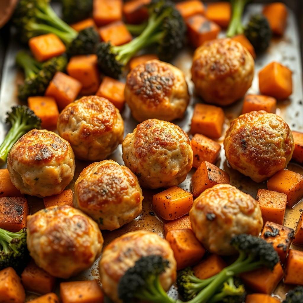 Sheet Pan Turkey Meatballs with Roasted Sweet Potatoes Sheet Pan Turkey Meatballs with Roasted Sweet Potatoes