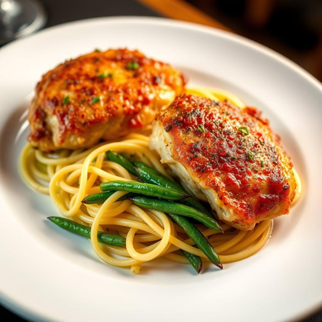 Crispy Lemon-Garlic Chicken Thighs with Buttery Parsley Spaghetti and Roasted Green Beans Crispy Lemon-Garlic Chicken Thighs with Buttery Parsley Spaghetti and Roasted Green Beans