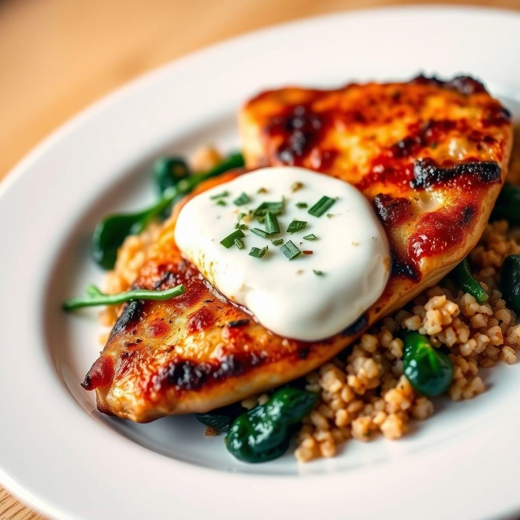 Pan-Seared Chicken with Creamy Harissa Yogurt, Sautéed Spinach, and Herbed Bulgur Pan-Seared Chicken with Creamy Harissa Yogurt, Sautéed Spinach, and Herbed Bulgur