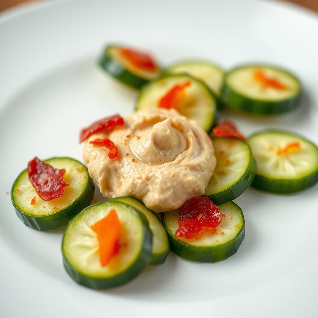 Cucumber Slices with Hummus and Paprika Cucumber Slices with Hummus and Paprika