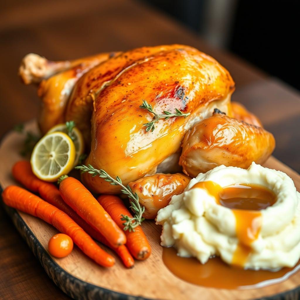 Lemon-Thyme Roasted Whole Chicken with Pan-Dripping Gravy, Honey-Glazed Carrots, and Buttermilk Mash Lemon-Thyme Roasted Whole Chicken with Pan-Dripping Gravy, Honey-Glazed Carrots, and Buttermilk Mash