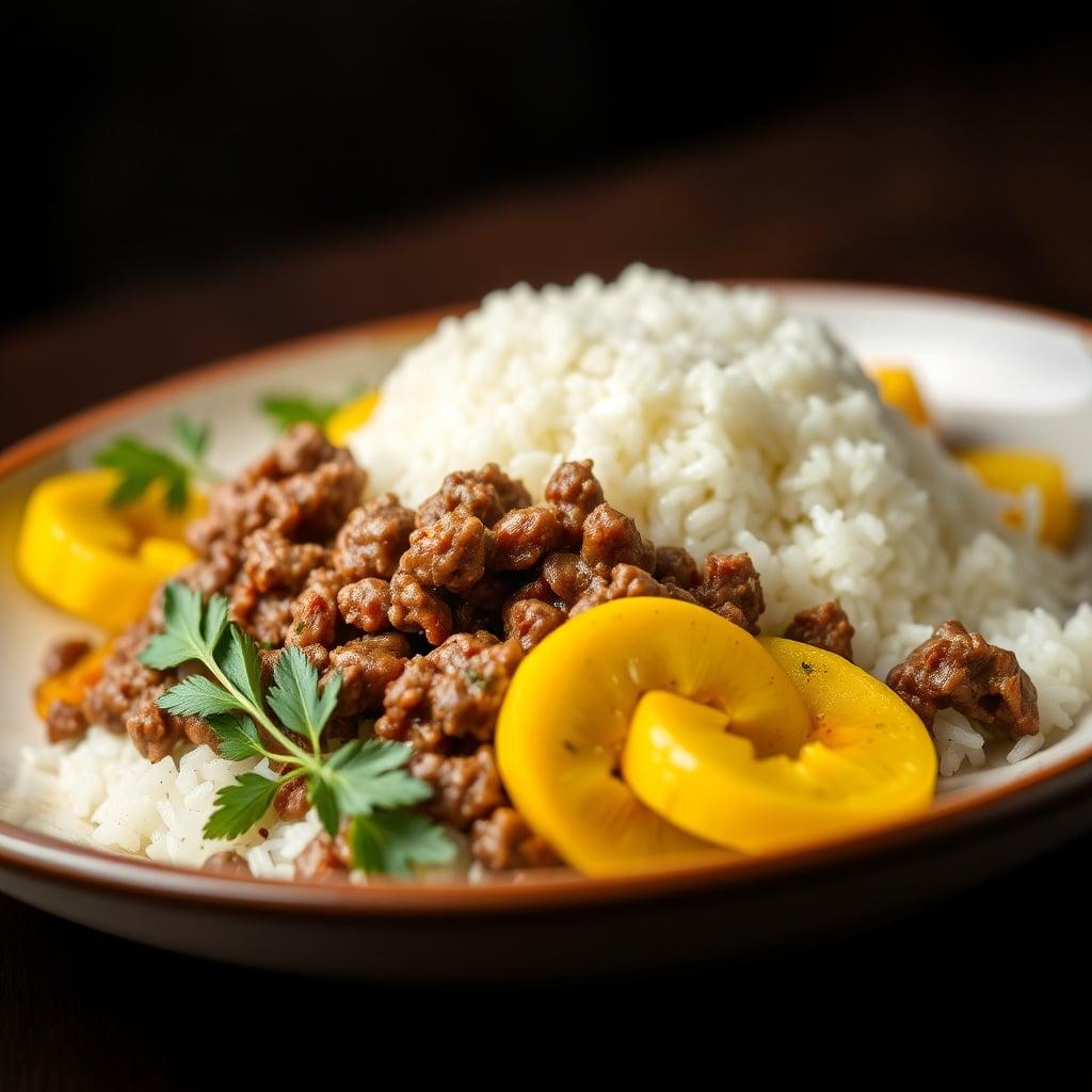 Cajun-Spiced Ground Beef with White Rice and Sautéed Yellow Squash