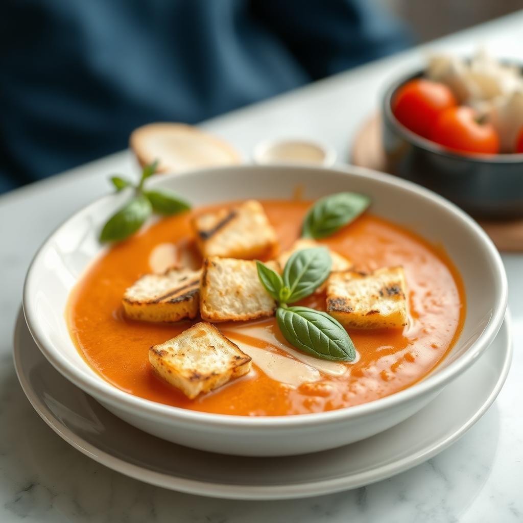 Creamy Tomato Basil Soup with Grilled Cheese Croutons Creamy Tomato Basil Soup with Grilled Cheese Croutons