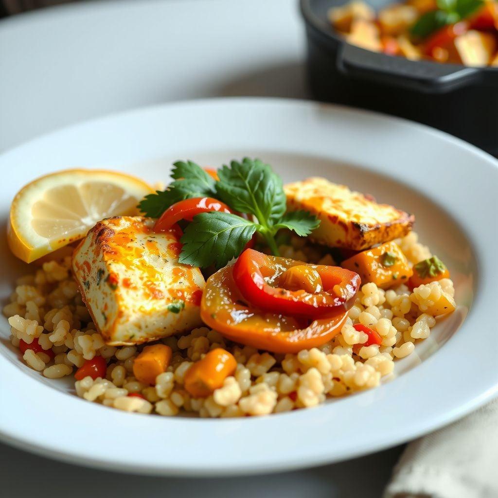 Indian Spiced Paneer Tikka Skillet with Pearl Couscous Indian Spiced Paneer Tikka Skillet with Pearl Couscous