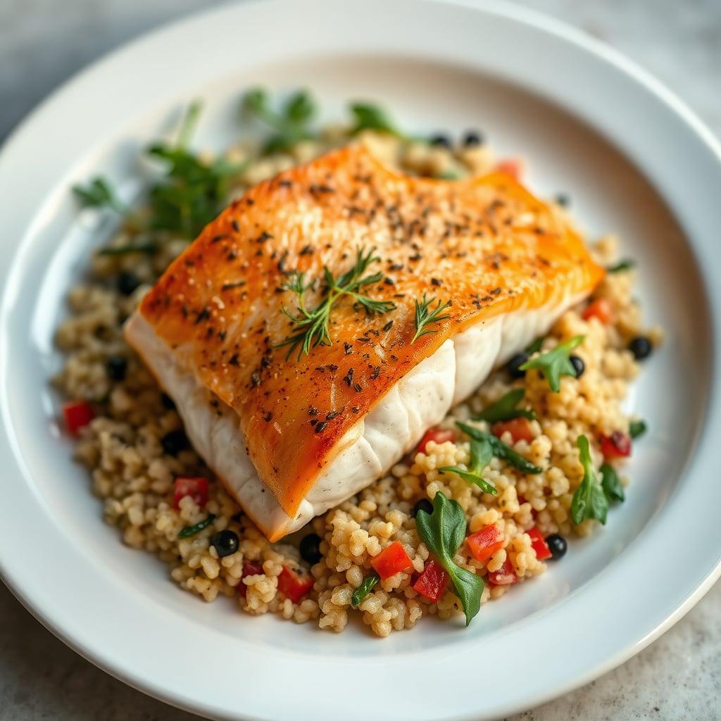 Pan-Seared Chinook Salmon with Dill-Feta Quinoa and Peppery Arugula Salad Pan-Seared Chinook Salmon with Dill-Feta Quinoa and Peppery Arugula Salad