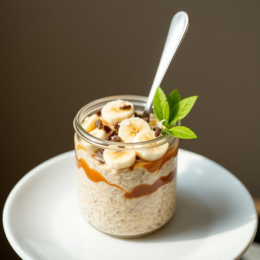 Almond Butter and Banana Overnight Oats with Toasted Coconut and Cacao Nibs