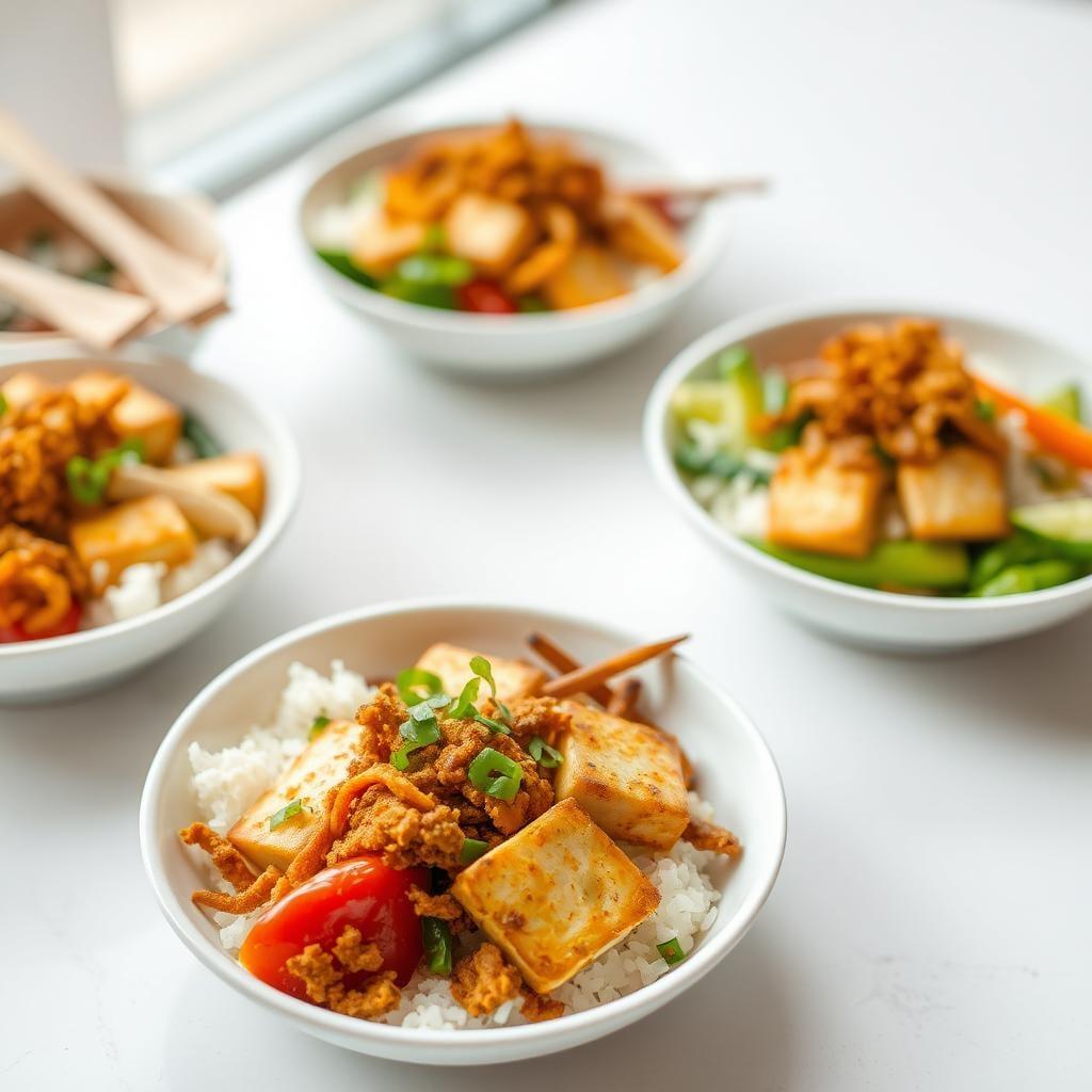 Sesame-Ginger Tofu Rice Bowls with Crispy Vegetables Sesame-Ginger Tofu Rice Bowls with Crispy Vegetables