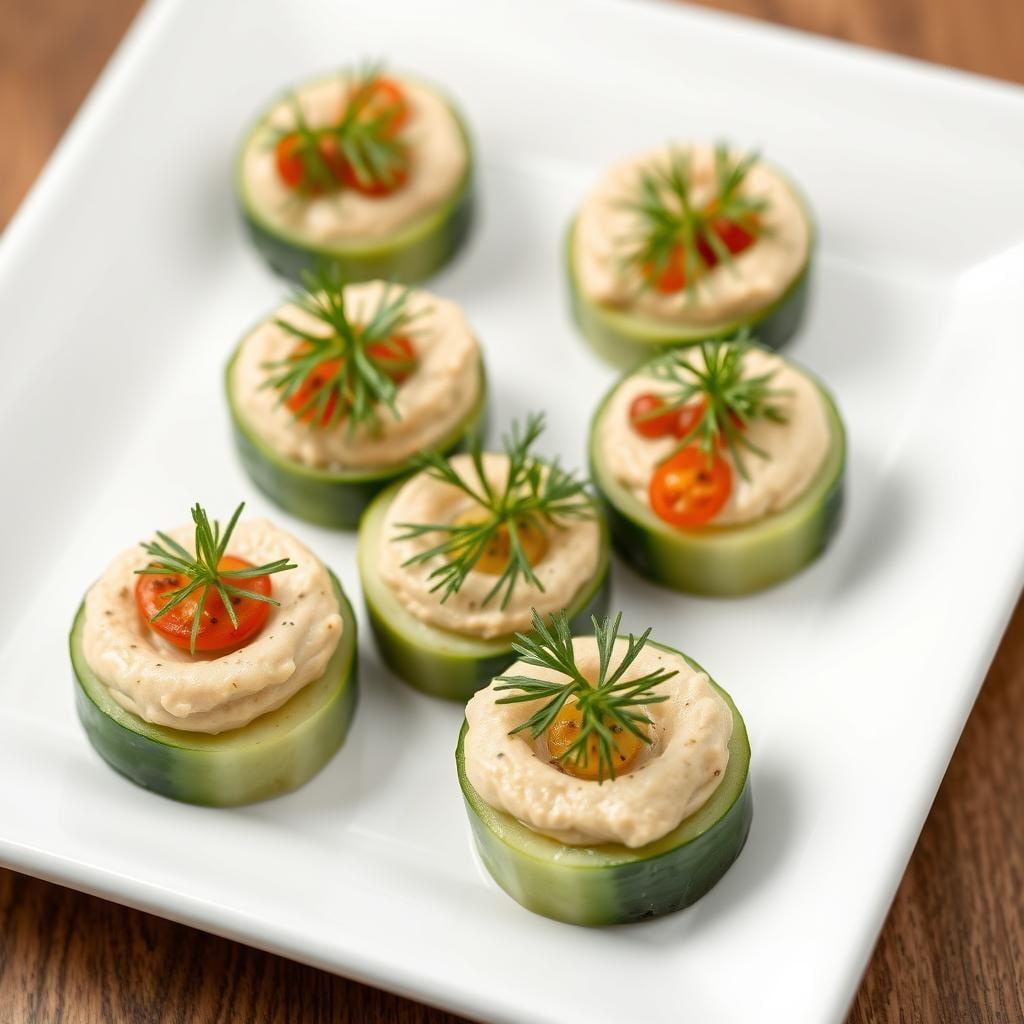 Cucumber & Hummus Bites with Dill Garnish Cucumber & Hummus Bites with Dill Garnish