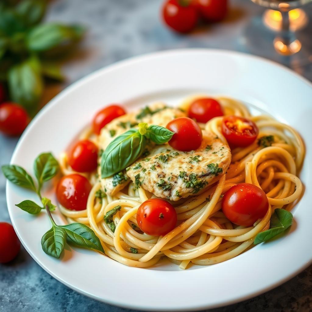 Basil Pesto Chicken Pasta with Cherry Tomatoes