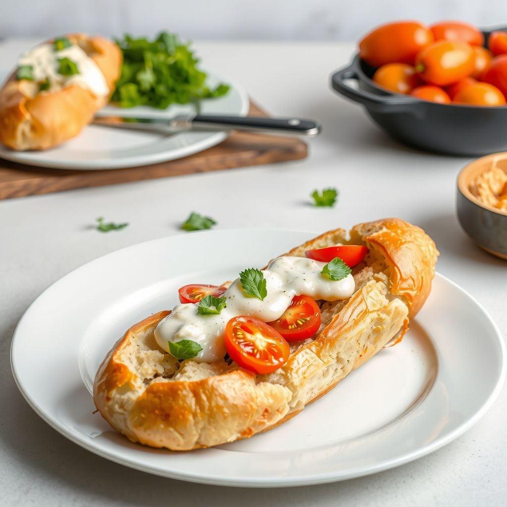 Crispy Garlic Butter White Bean & Tomato Loaded Baguette Crispy Garlic Butter White Bean & Tomato Loaded Baguette