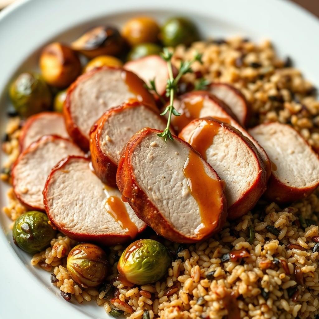Maple-Mustard Glazed Pork Tenderloin with Roasted Brussels Sprouts and Wild Rice Pilaf Maple-Mustard Glazed Pork Tenderloin with Roasted Brussels Sprouts and Wild Rice Pilaf