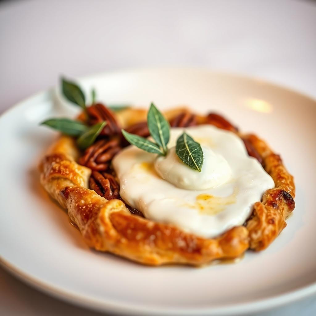 Salted Maple Pecan Galette with Brown Butter Crème Fraîche and Candied Sage Salted Maple Pecan Galette with Brown Butter Crème Fraîche and Candied Sage
