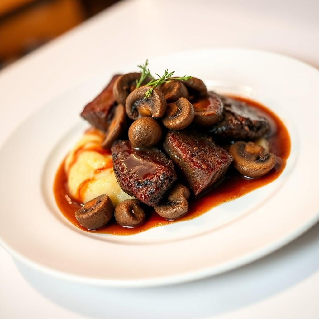 Braised Short Ribs with Red Wine, Mushrooms, and Creamy Polenta