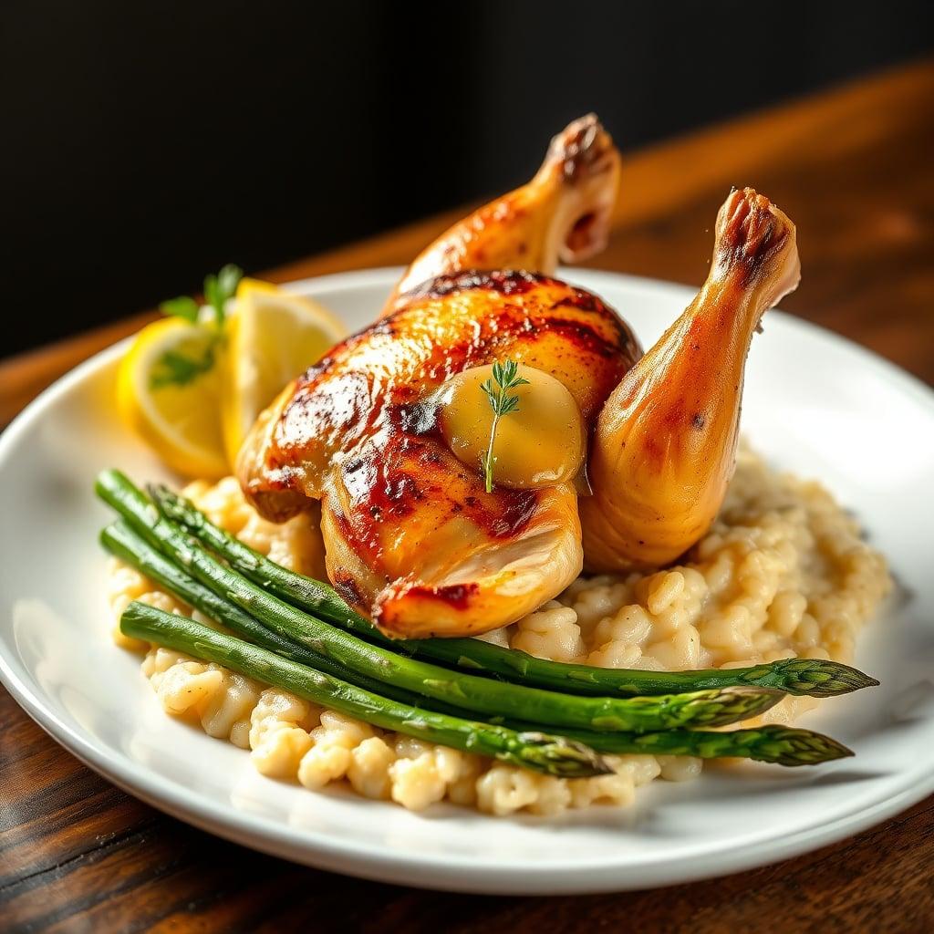 Lemon-Herb Roasted Cornish Hens with Parmesan Risotto and Garlic-Butter Asparagus Lemon-Herb Roasted Cornish Hens with Parmesan Risotto and Garlic-Butter Asparagus