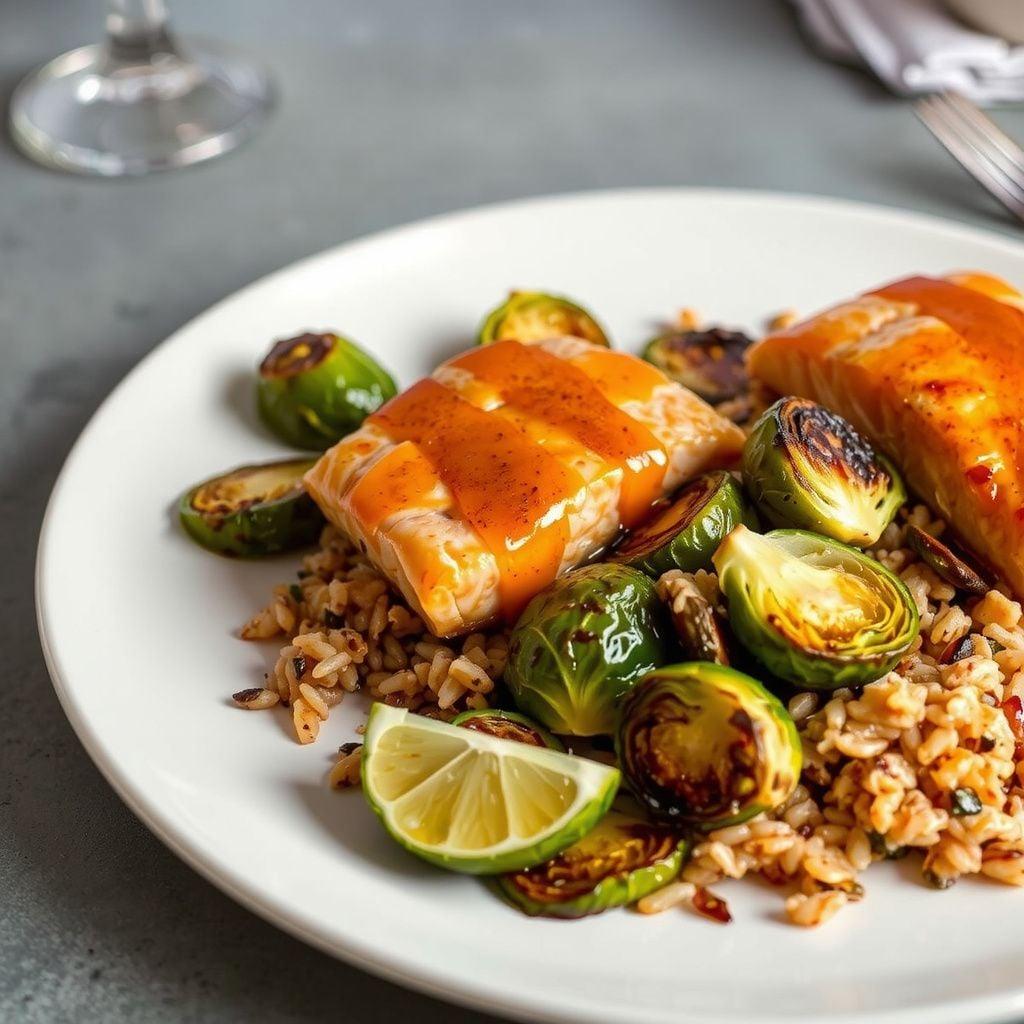 Pan-Seared Salmon with Honey-Mustard Glaze, Roasted Brussels Sprouts, and Wild Rice Pan-Seared Salmon with Honey-Mustard Glaze, Roasted Brussels Sprouts, and Wild Rice